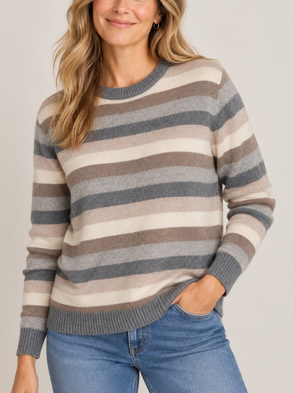 Gap CashSoft Neutral Stripe Crewneck Sweater Tan Cream Gray XL